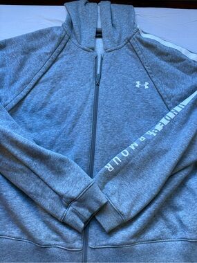 Under Armour Light Gray Zip Hoodie with Logo and Sleeve Text